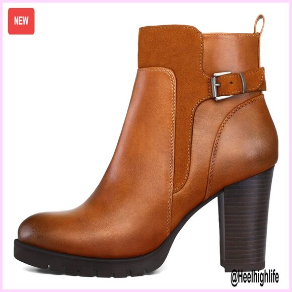 Shoes - Women's Chunky Heel Ankle Boots with Side Zipper, Waterproof PU, Wide Sizes